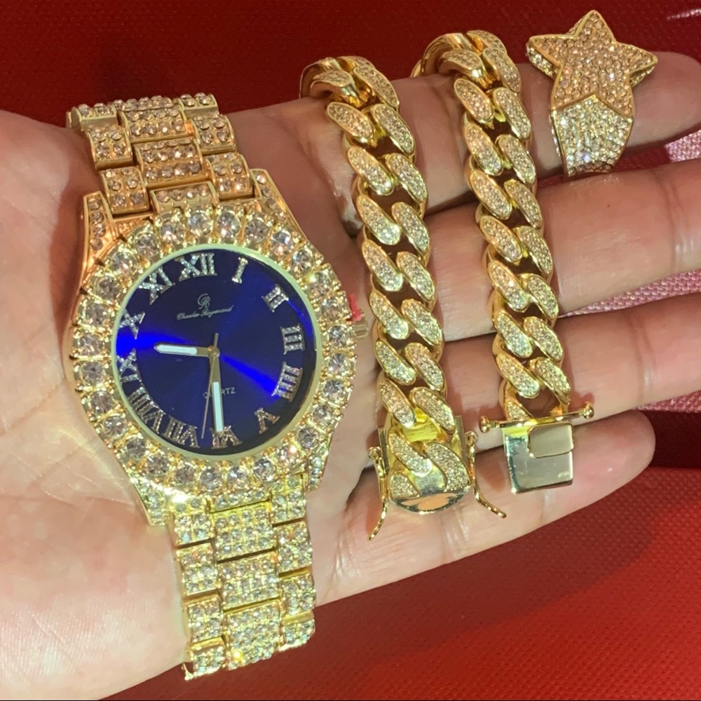Men’s 14K Stamped Gold Plated Watch&bracelet&Ring
